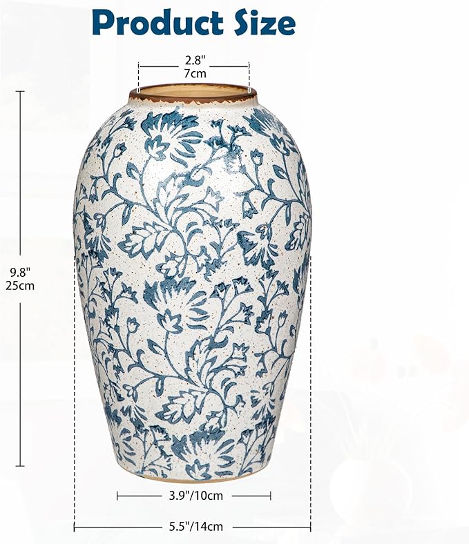 Ceramic Vintage Flower Vase, 9.8 Inch White and Blue Rustic Vases for Home Decor, Handcrafted Farmhouse Tall Vases for Living Room, Table, Bathroom, Chinoiserie Decoration
