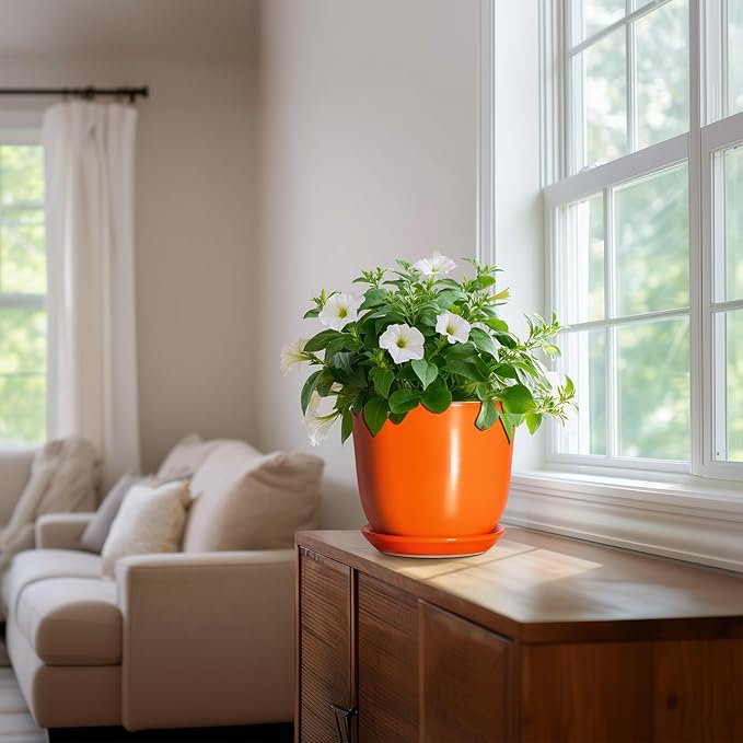 Ceramic Planter - 8 Inch Plant Pot with Drainage Hole and Saucer, Modern Planters for Indoor Outdoor Plants, Round Flower Pot, Home Patio Office Decor, House Warming Gifts, Orange