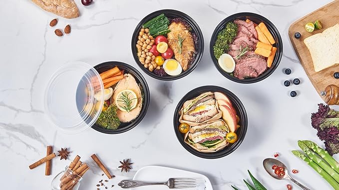 32 oz 150 ct Round Meal Prep Containers with Lids Plastic Food Storage Lunch Plan To Go Box Disposable Take Out Bowl Black BPA Free Reusable Stackable Microwave Freezer Safe (Formerly FULING)