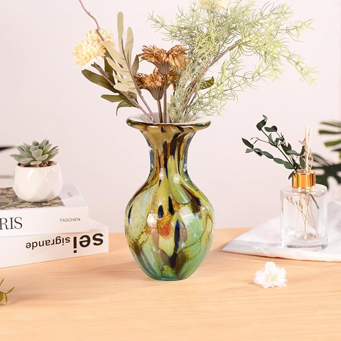 KAMMAK Colored Glass Vase, Beautiful Hand Blown Decorative Vase, Modern Art Vase for Flower Mantle Dining Table Centerpiece, Entryway Living Room Wedding Decoration, FH001