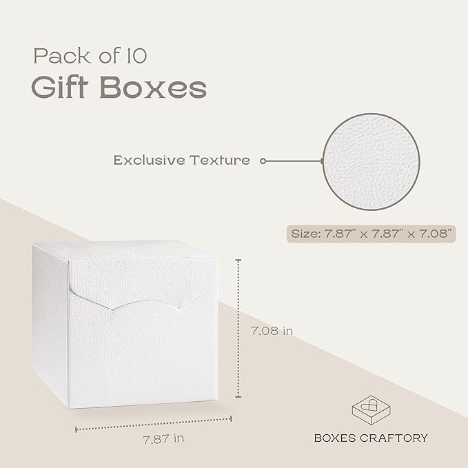 Set of 10 Gift Boxes for Presents (7.87 x 7.87 x 7.08 inch) - Ideal for Christmas, For Clothes, Bridesmaid Proposal - White Leather