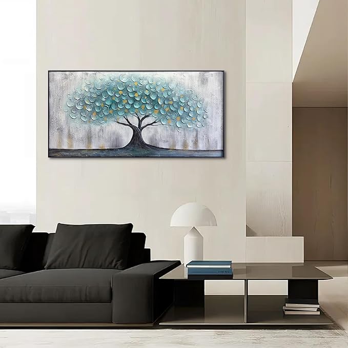 Teal Blue Tree of Life Canvas Wall Art for Living Room, Hand Painted Modern Abstract Textured Painting, Large Framed Panoramic Landscape wall art for Living Room, Bedroom, Office, Home Decor 48"x24"