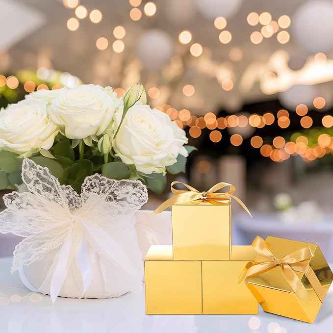 48 Pcs Christmas Gift Boxes with Ribbon Small Party Favor Boxes with Lids Mini Treat Candy Container for Wedding, Party, Birthday, Valentine's Day and More(Gold,6 Inch)