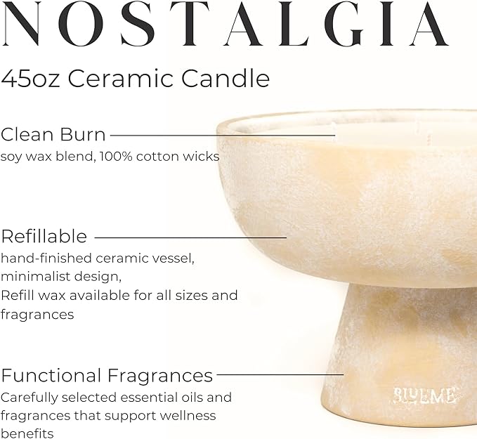 BLUEME Nostalgia - Bergamot & Musk, Luxury Candle w/Essential Oils, 6 Wick, Hand-Poured Soy, Cotton Wick, Ceramic