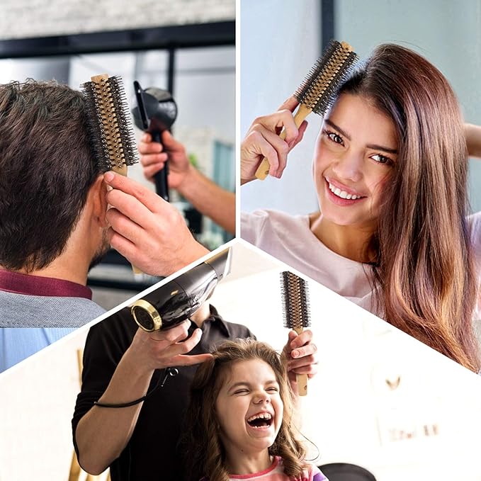 Vista Round Brush Bamboo with Pin Tail Comb Natural Boar Bristle Hair Brush Round for Blow Drying for Women Hairbrush for Wet or Dry Hair Detangling Smoothing Massaging