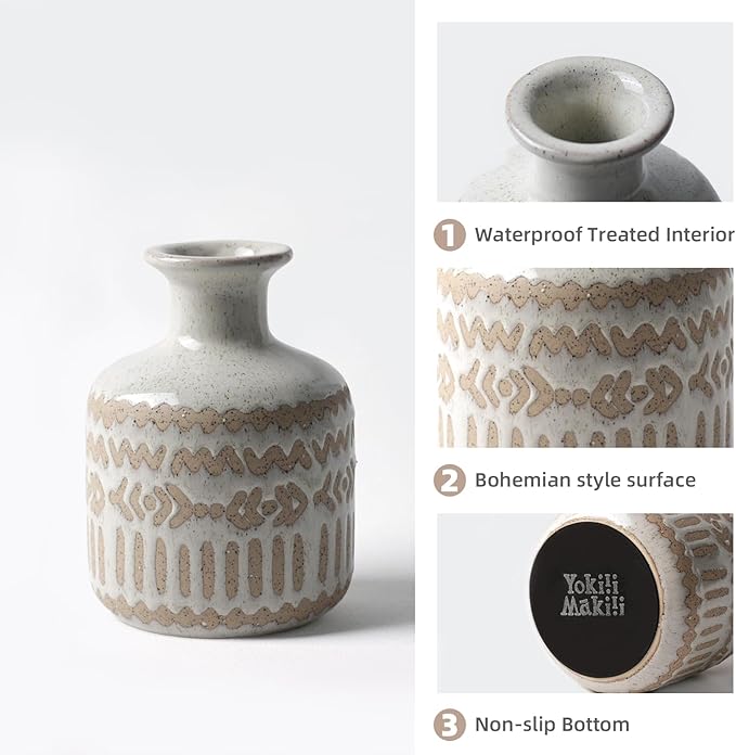 Boho Ceramic Vase, 6.5 Inch Rustic Farmhouse Pastoral Decor, Vintage Clay Vases for Bouquets, Pampas Grass and Fake Plants, Suitable for Home Decor, Shelf, Dining Table, Living Room, Mantle, Bathroom