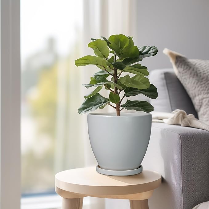 6.8 Inch Planter - Ceraimc Pots for Indoor Outdoor Plants Round Planters Modern Flower Pot with Drainage and Tray Home Garden Decor Gray
