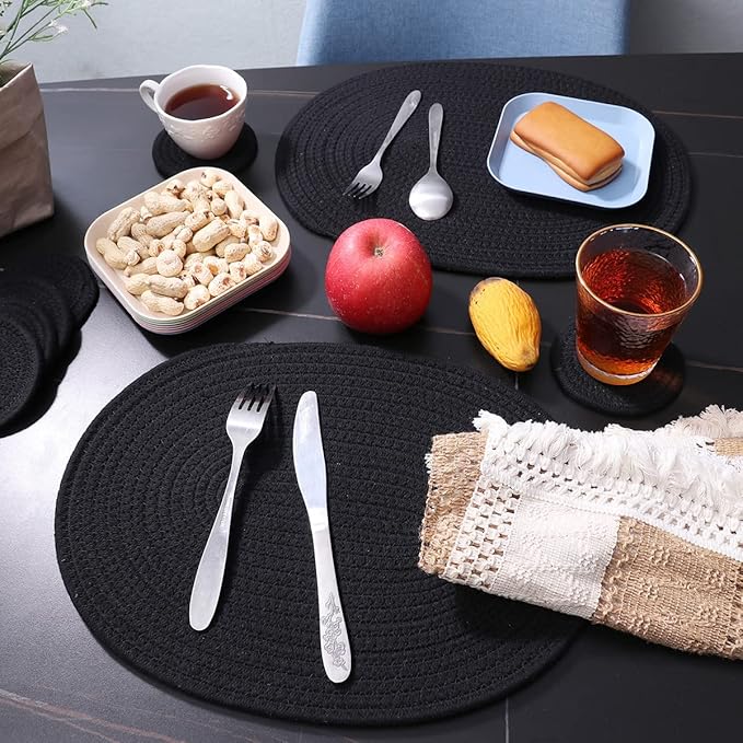 4 Pack Oval Woven Placemats and Set of 4 Round Fabric Coasters, Heat-Resistant Non-Slip Tablemats Woven Washable Charger Plates for Table Decoration (Black)