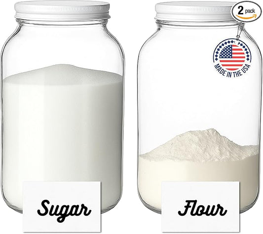 kitchentoolz Glass Flour & Sugar Jar Set - Large Gallon Glass Jars with Metal Airtight Lids- Containers for Pantry Storage - Big Mason Jars & Caps Made in USA