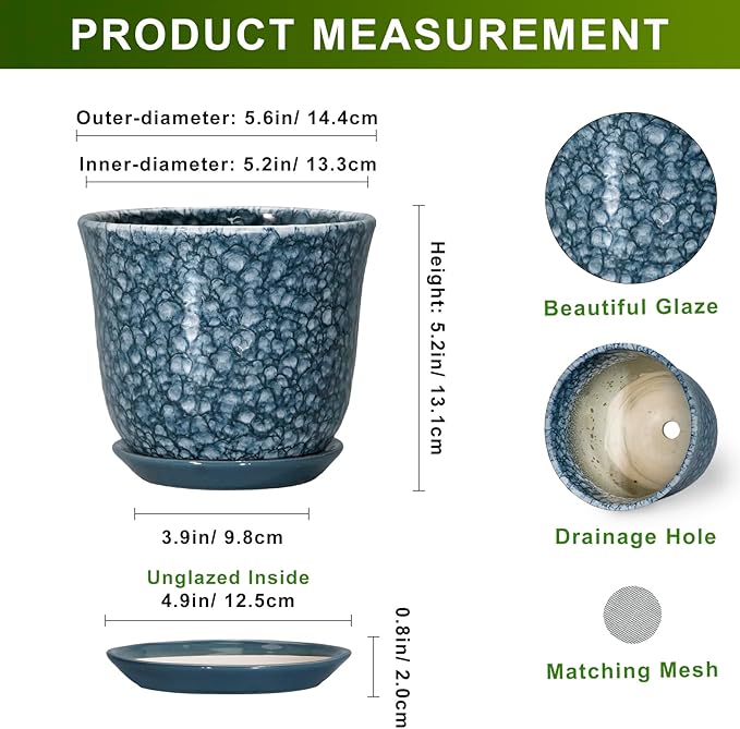 Ceramic Pots for Plants - 5.6 Inch Plant Pot for Indoor Outdoor, Round Succulent Orchid Pot with Drainage Hole and Saucer, Modern Small Flower Pot, Room Home Decor, Plant Lover Gifts, Blue