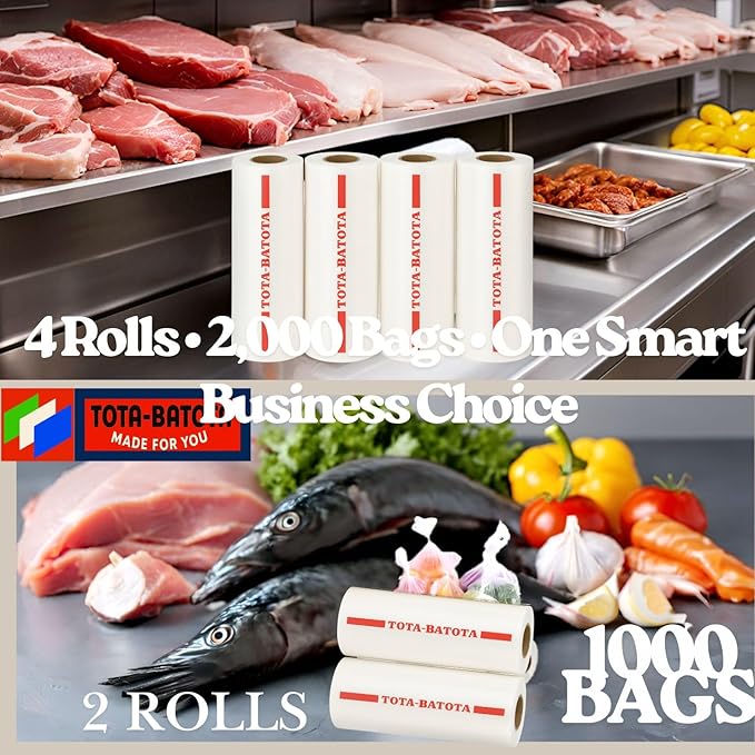 Plastic Produce Bags on Rolls – 2000 Count (4 Rolls), 10x15 in, Clear Food Storage Bags with Easy Tear Red Line, for Fruits, Vegetables, Meat, Freezer, Grocery & Commercial Use, TOTA-BATOTA