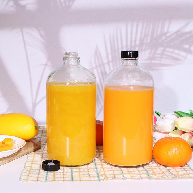 4 Pack 32 oz Clear Boston Round Glass Bottles with Black Caps for Secondary Kombucha Fermentation and Lab Chemicals (1 Funnel and 10 Pieces Black Chalkboard Labels Included)