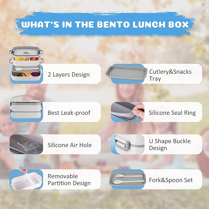 Bento Lunch Box for Kids Women Men, 47oz 2-Compartment Snack Salad Metal Food Prep Pack Container for Lunch, Stainless Steel 3 Layers Stackable Lunch Containers with Lids for Adults and Teens White