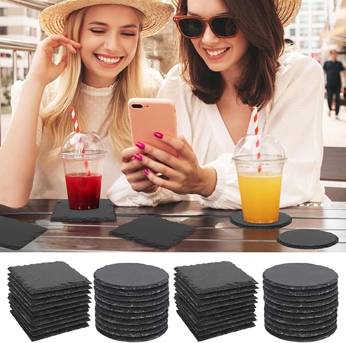 70 Pack 4 Inch Slate Coasters, Square & Round Black Stone Coasters with Anti-Scratch Bottom, Ideal for Home Decor, Bar, Housewarming Gifts, and Laser Engraving KUKLIPJIM