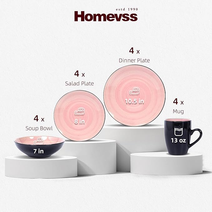 Sonoma Stoneware 16pc Dinnerware Set, Outside Black + Inside Hand Painting Rose