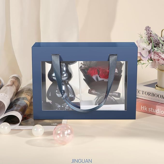 JINGUAN Navy Blue Gift Box with Window, Clear Magnetic Gift Box for Present, Groomsman Proposal Box (10.5x7.5x3 Inches)