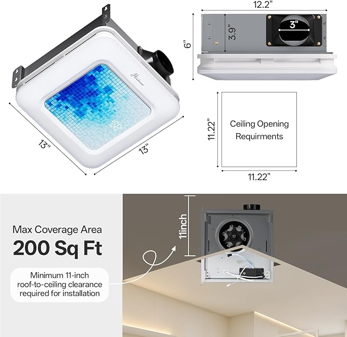 Bathroom Exhaust Fan with Light Humidity Sensor, Bathroom Fan with Odor & Humidity Sensor, 230 CFM 1.0 Sone Venlitation Fan with 3CCT LED Light 7 LED Color, Remote Control Easy Install