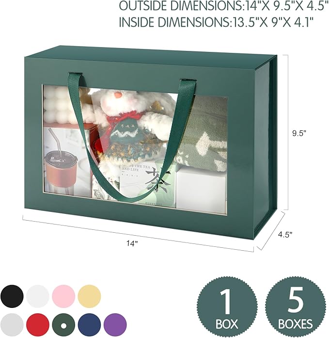 Large Green Clear Gift Box, 13.5x9x4.1 Inches Gift Box with Window by Handle, Bridesmaid Proposal Box, Collapsible Gift Box with Magnetic Closure (Glossy Green, 1 Pack)