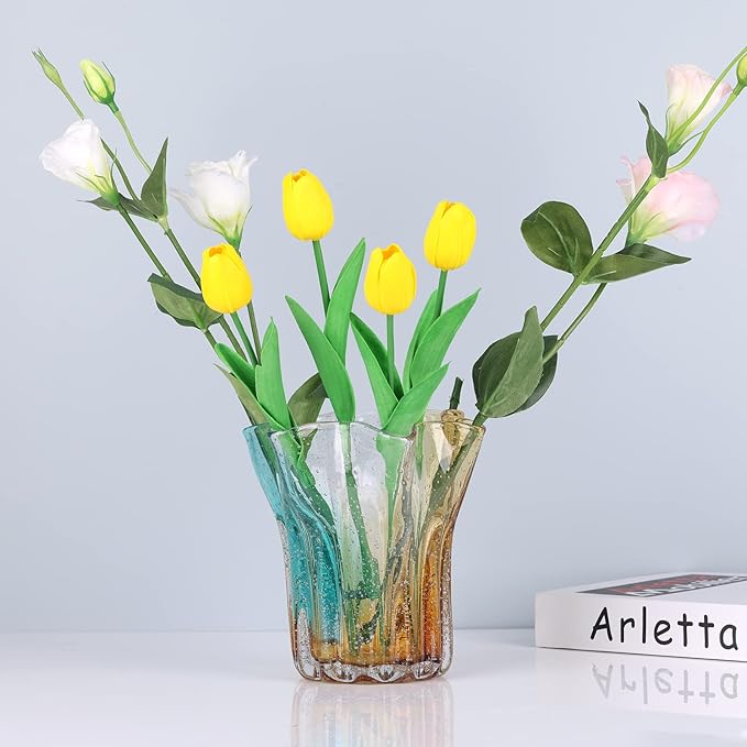 Hand Blown Glass vase, Wide Mouth Petal vase, Colorful Modern Glass Art Home Decor vase for Family Living Room, Wedding Scene, Dining Table Center, Entrance Table top