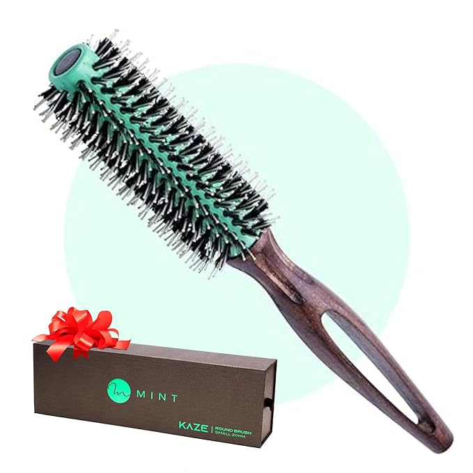 MINT Eco-Friendly Boar Bristle Round Brush for Blow Drying | Durable Blowout Styling for All Hair Types | Ceramic Round Brush with Hand-Crafted Wooden Handle (20 mm)