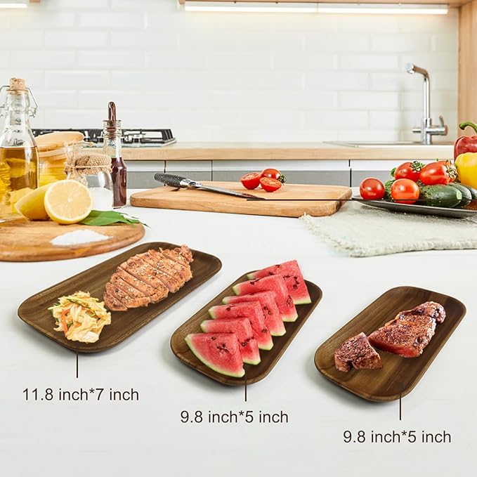 MinBoo Wooden Acacia Plates set of 3, 9-6Inch Wood Acacia Serving Trays, Farmhouse Kitchen Plates, Reusable Wooden Dishware for Dining, Appetizers, Snacks, Parties (rectangle)