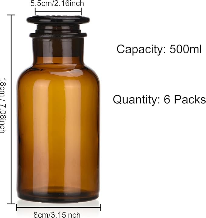 Lab Glass Reagent Bottle,Wide Mouth Glass Storage Bottle with Ground Stopper,Decorative Bottles/Vase (Amber, 6 * 500ML)