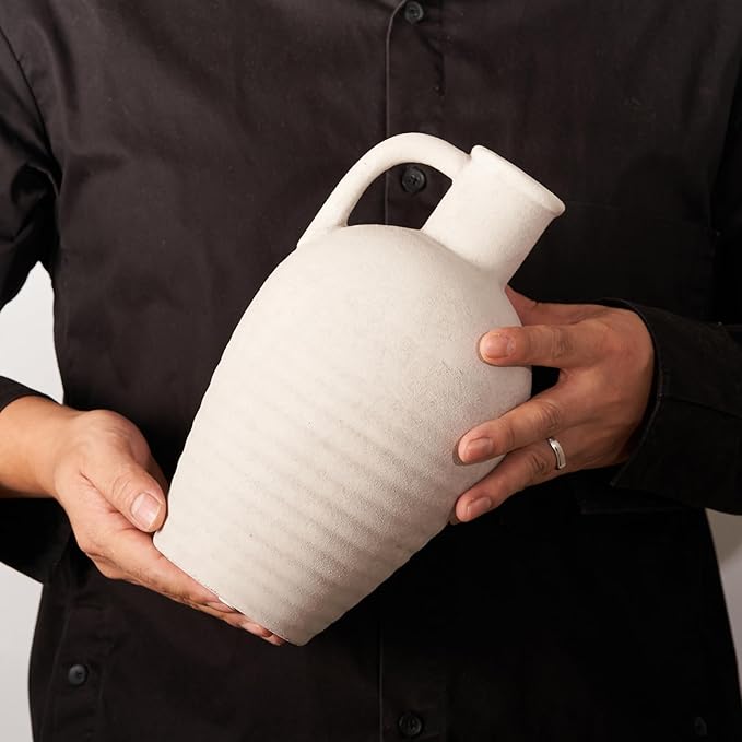 White Ceramic vase with Handle, 10inch Boho Unique Textured Pottery, Rustic Farmhouse Decorative Terracotta vases for Flowers, Centerpieces, Living Room.