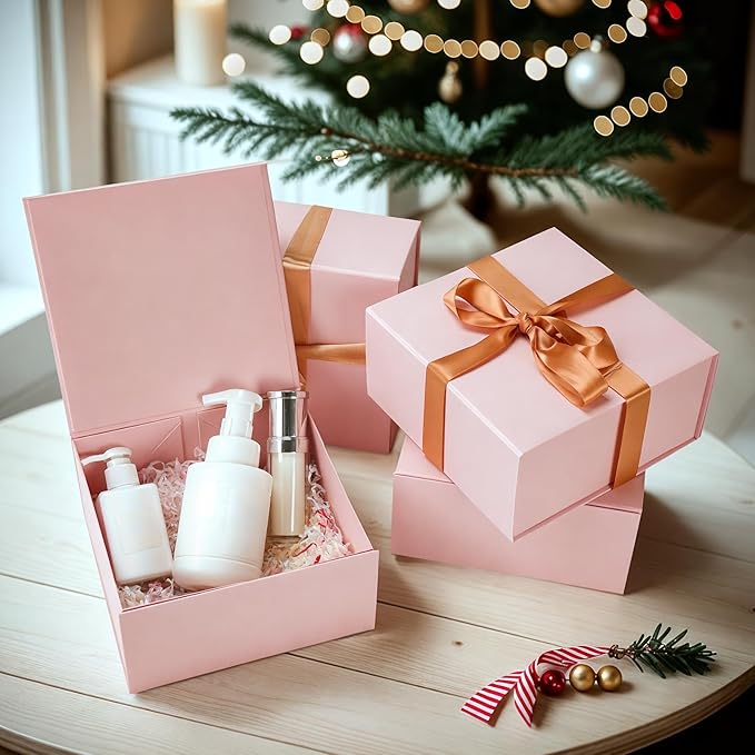 Schliersee 8x8x4 Pink Gift Boxes with Magnetic Lids Set of 4, Gift Wrap Gift Box Empty Wrapping Gifts for Chrismas Wedding Valentine's Day Birthay Gifts for Wife Women Girls Sister Friends Presents