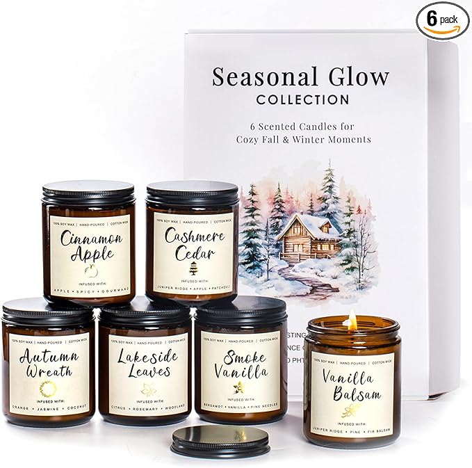 Holiday Candle Gift Set for Women – 6 Pack 7oz Winter Scented Soy Candles, Long Lasting Aromatherapy Christmas Gifts for Her, Perfect for Home Décor, Vanilla, Cinnamon & Cedar Scents