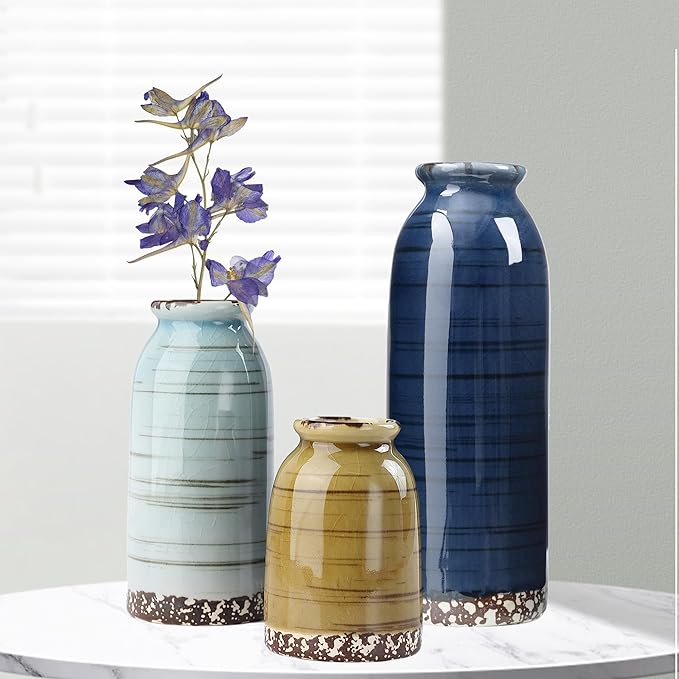 Ceramic Vase Set of 3, Farmhouse Decorative Vase for Pampas Grass, Living Room, Bathroom,Bookshelf, Centerpieces (Blue/Navy Blue/Yellow)