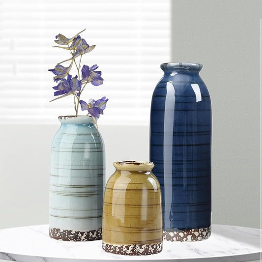 Ceramic Vase Set of 3, Farmhouse Decorative Vase for Pampas Grass, Living Room, Bathroom,Bookshelf, Centerpieces (Blue/Navy Blue/Yellow)