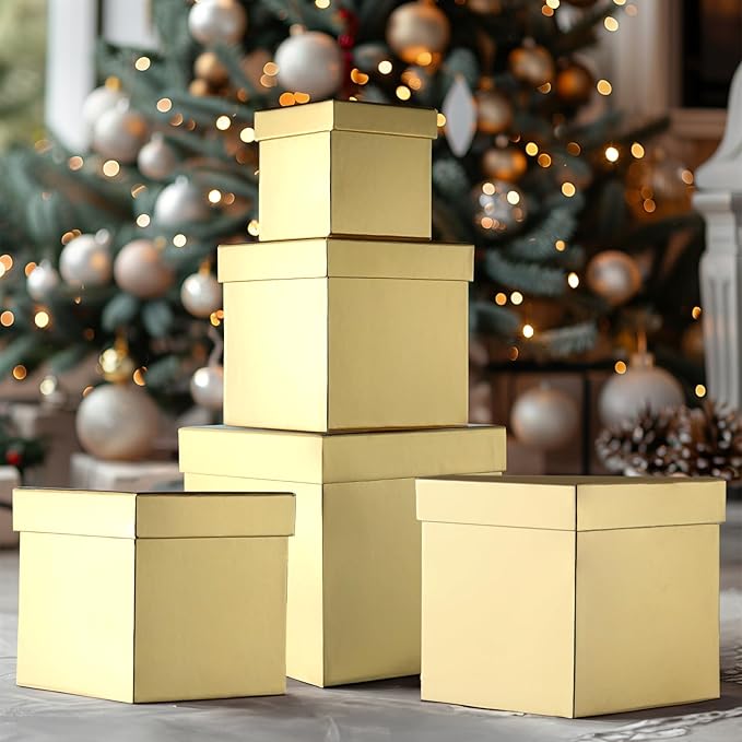 UNIQOOO 5PCS Metallic Gold Nesting Gift Boxes Set, Square Cardboard Storage Organizer Keepsake Box with Lid Durable Reusable, for Gift Wrapping Holiday Presents Christmas Birthday, Assorted Size