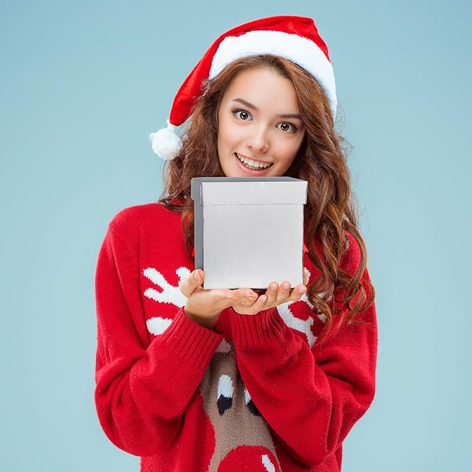 UNIQOOO 5Pcs Metallic Silver Christmas Gift Box Set with Lid, Assorted Size, Silver Square Nested Wedding Keepsake Card Gift Box, Paper Box Tower Organizer For Party, Thanksgiving, Gift Wrap Packaging