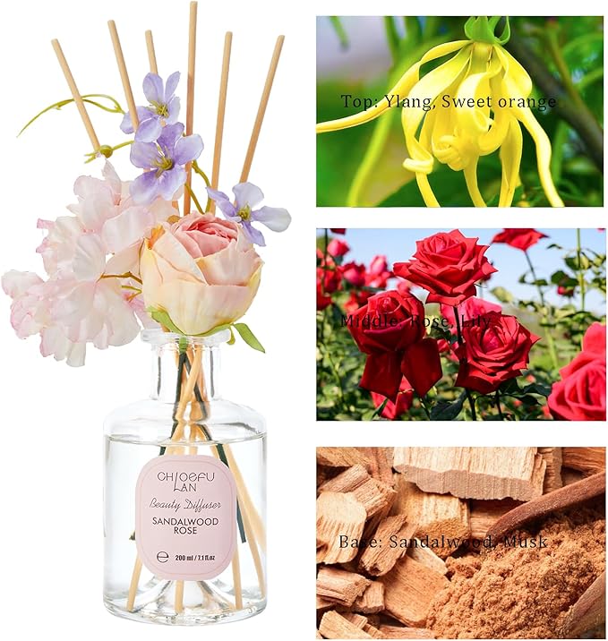 Chloefu Lan Premium Reéd Diffuser Set with Pink & Purple Flowers Reéd Diffuser Sticks Sandalwood Rose | 6.7oz Scent Fragrance Oil Diffuser for Bedroom Bathroom Home Shelf Décor