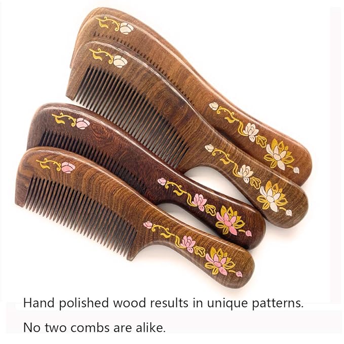 Wooden Comb Natural Handmade Comb, Fine Tooth Sandalwood Comb for Wavy hair,Thick hair, Thin hair, Straight hair, No Static No Snag Reduce Tangle Combs for Men Women Kids,Wooden Hair Comb with Handle (Water Lilies Hand-drawn Pink)