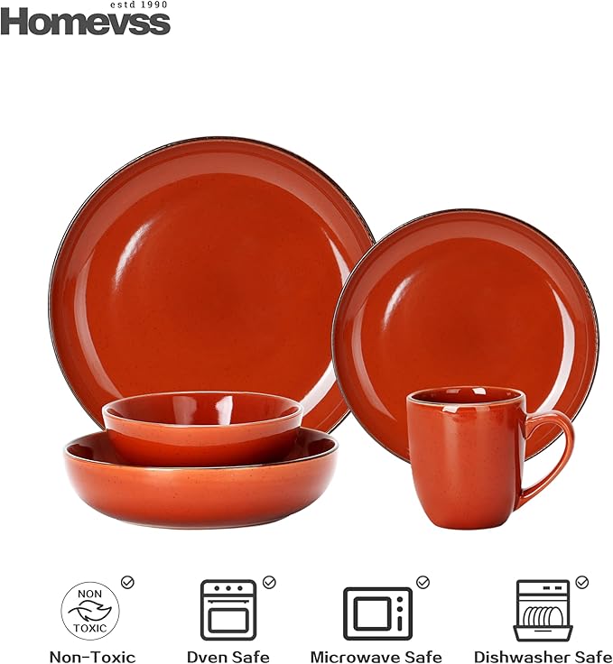 HomeVSS 20-Piece Dinnerware Set - Serves 4, Bright Glaze Orange plates and bowls sets with Speckle Effect for Microwave & Dishwasher Safe