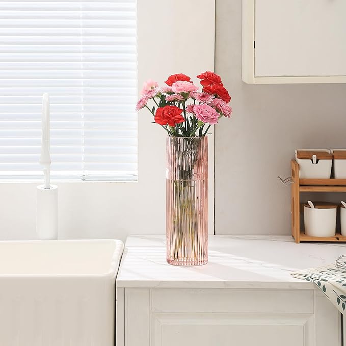 Pink Glass Vase, Glass Flower Vases, Ribbed Vase, Pink Vase, Tall Cylinder Glass Vases for Living Room, Bedroom, Dining Table, Office, Wedding, Bookshelf Decoration, 12 Inches