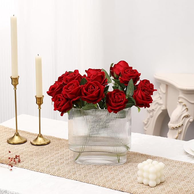 Ribbed Vase, Fluted Glass Vase for Flowers, Clear Flower Vases for Tulips, Modern Vases for Living Room, Dining Table, Office, Bedroom, Mantle, Shelf, Wedding, 7 Inch