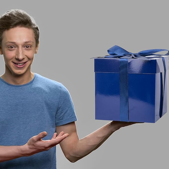 Jaywayang 5 Pack Blue Gift Boxes with Lids, Ribbons and Tissue Papers Square Gift Boxes - 7.1 Inch - Birthday, Wedding, Presents Wrapping, Father's Day, Valentine's Day Decoration Party Favor Boxes.