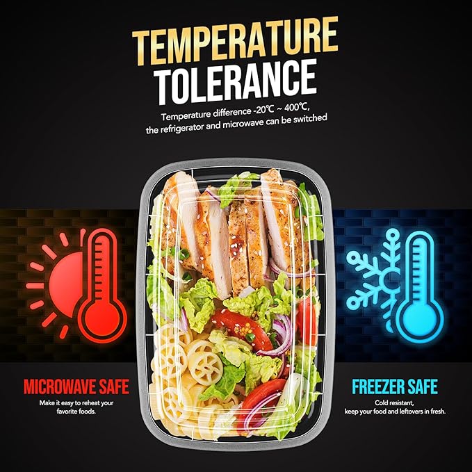 20-Piece (10-Pack) 16 OZ Meal Prep Containers Reusable with Lids, Sturdy Leakproof & Food Safe, Microwave, Freezer, Dishwasher Safe To Go Food Containers, Plastic Take Out Containers, Black