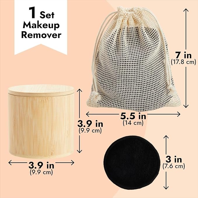 18 Pack Reusable Cotton Rounds for Makeup Removal with Bamboo Holder and Mesh Storage Bag (Black)