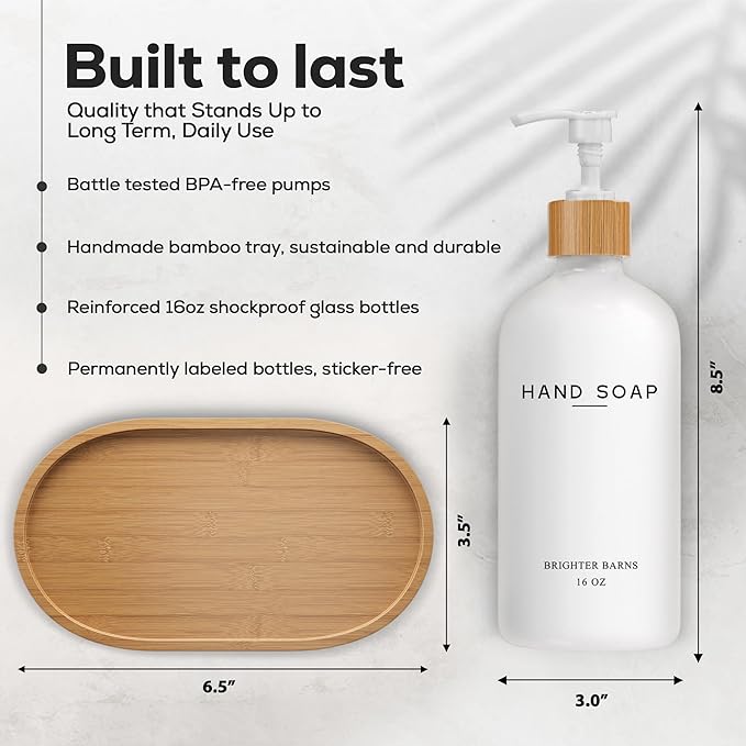 White Glass Soap and Lotion Dispenser Set with Tray by Brighter Barns - Hand Soap Dispenser Bathroom Set - Bamboo Bathroom Soap Dispenser Set - Minimalist Bathroom Accessories, Modern Home Decor