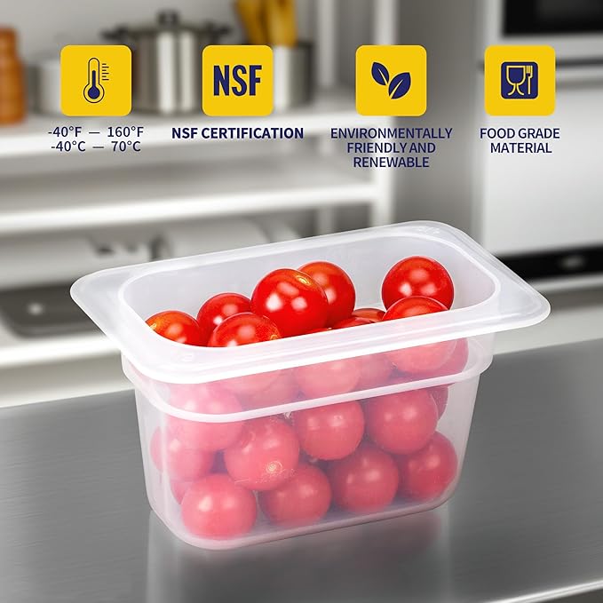 12 Pack 1/9 Size 4'' Deep Plastic Food Pans with Lids, Translucent, Commercial, BPA-free, Stackable Storage for Restaurants, Buffets