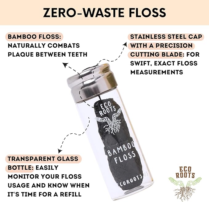 Natural Bamboo Dental Floss: 1 Refillable Glass Container + 3 Biodegradable Bamboo Floss Refill (33 Yards Each), Eco-Friendly, Vegan, Non-Toxic Natural Floss - Refillable Zero Waste Black Thick Floss