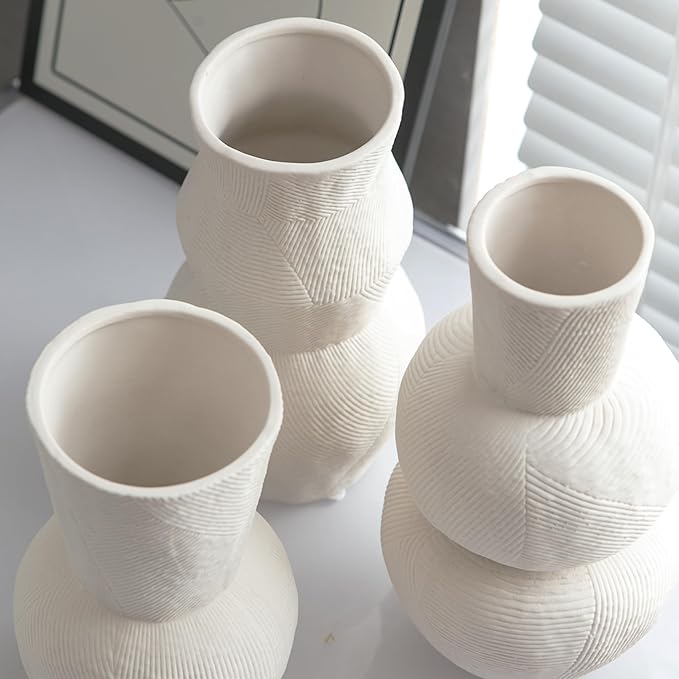 Ceramic Vases for Flowers, Matte White Ribbed Vase Set of 3, Decorative Vases for Pampas Grass, Modern Farmhouse Home Decor, Pottery for Centerpieces, Boho Vases