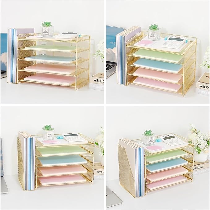 OPNICE 5-Tier Paper Organizer with Magazine Holder, Desk Organizers and Accessories, Office Desk Accessories & Workspace Organizers, Desktop File Organizer for Office Supplies Storage, Gold