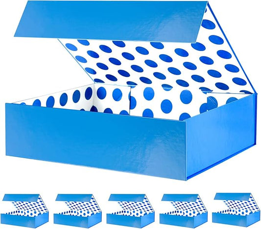 GREEN BEAN 6 Gift Boxes 13x9.7x3.4 Inches, Large Blue Gift Boxes with Lids for Presents, Magnetic Shirt Gift Boxes for Clothes (Glossy Metallic Blue, Dot Design Inside)