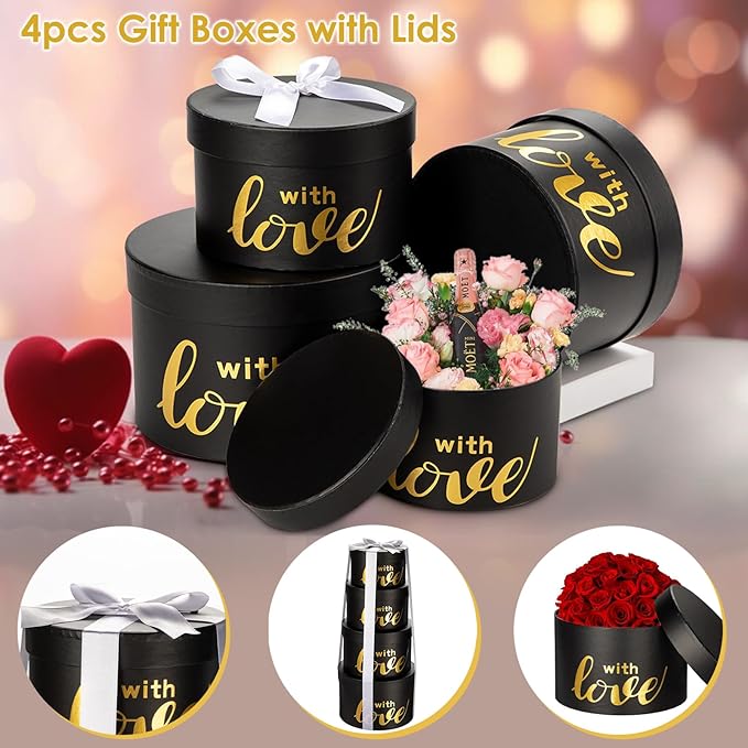 Luxury Round Nested Gift Boxes with Lids (Set of 4) – Reusable Sturdy Cardboard Gift Box Set for Birthdays, Weddings, Anniversaries, Christmas, and Valentine’s Day – Black & Gold