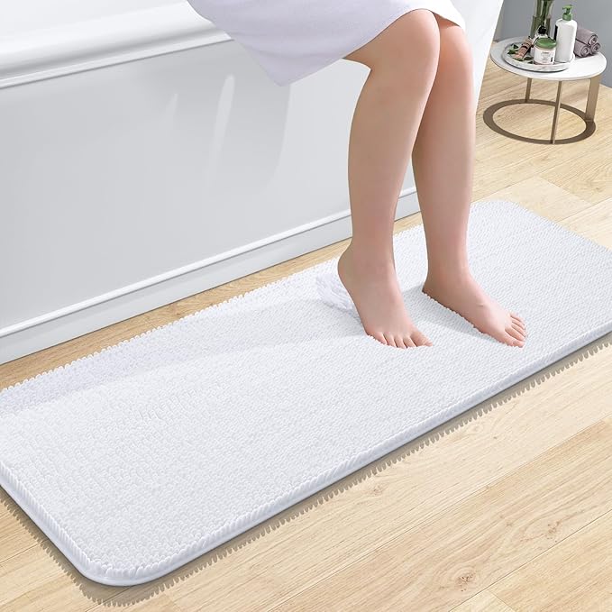OLANLY Bathroom Rugs 47x17, Extra Soft Absorbent Chenille Bath Rugs, Rubber Backing Quick Dry, Machine Washable Bath Mats for Bathroom Floor, Tub and Shower, Home Decor Accessories, White