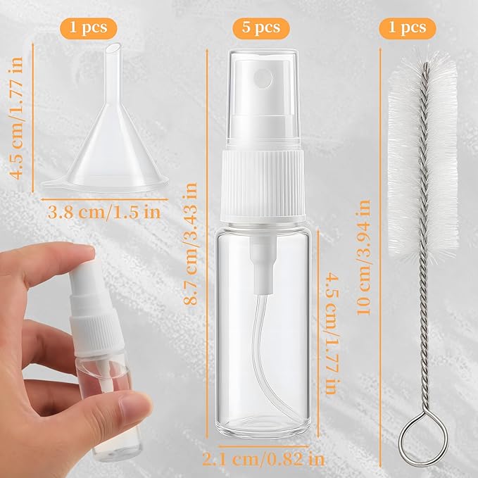 7-Pack Small Spray Bottles Kit - 5PCS 15ml Travel Spray Bottle + Cleaner & Tunnel, Clear Empty Fine Mist Bottles Refillable Liquid Containers for Perfume, Care Liquid, Cosmetics, Alcohol